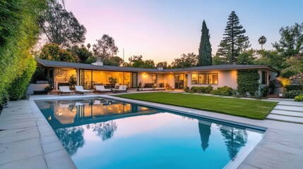 Fototapeta premium A backyard pool glowing under the gentle light of the morning, with a modern house nearby.