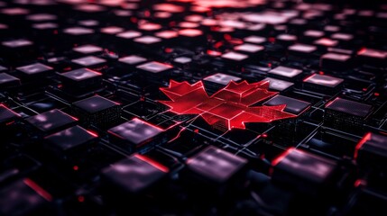Fototapeta premium Abstract Red Maple Leaf on Futuristic Digital Circuit Board Technology Background