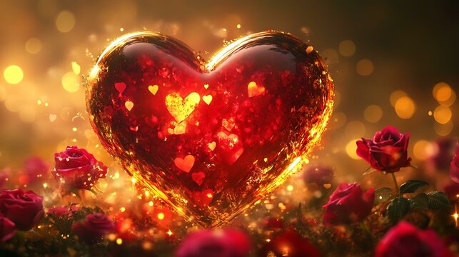 A large heart glowing in red and gold, surrounded by blooming roses and golden light, with a bold Valentine's Day greeting
