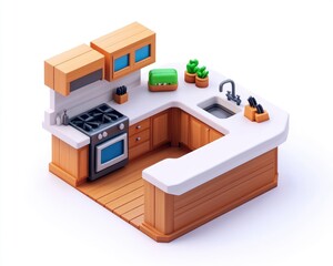 A modern kitchen design featuring cabinets, a stove, and plants.