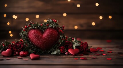 A heart-shaped decoration adorned with roses and berries elegantly placed on a table, perfect for celebrating love on Valentine's Day.