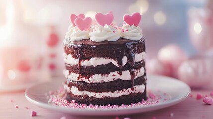 A Valentineâ€™s breakfast cake made of chocolate layers topped with whipped cream, rose syrup, and heart