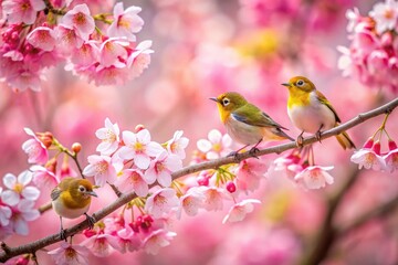 Pink blossoms frame a tiny bird; minimalist floral photography captures a Japanese spring.