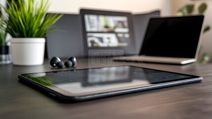 A tablet lies on a dark wooden desk, with a laptop and plant in the background. Wireless earbuds rest nearby, suggesting a modern workspace or home office.