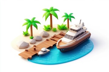 Obraz premium A serene tropical scene featuring a yacht and a small boat at a wooden dock surrounded by palm trees.