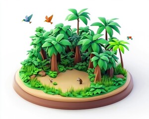 Obraz premium A vibrant, stylized jungle scene with trees, plants, and colorful birds.