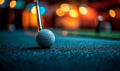 Close-up of golf ball and putter on a mini golf course at night.