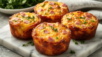 Fototapeta premium Golden-brown cheesy ham muffins, garnished with chives. Perfect for a quick and delicious breakfast or brunch.