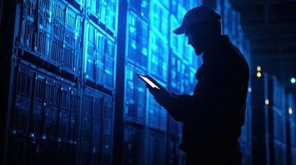 Data center technician working with technology server room digital infrastructure blue lighting professional setting cybersecurity focus