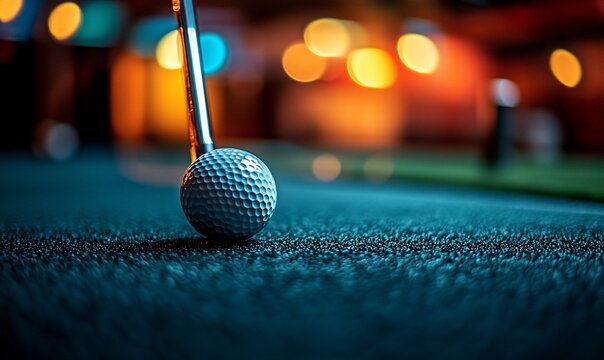 Close-up of golf ball and putter on a mini golf course at night.