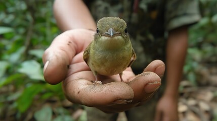 Close-Up of a Bird in Hand Surrounded by Nature