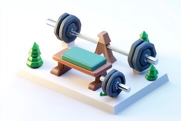 A stylized weightlifting setup with a bench and weights surrounded by trees.