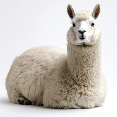 Obraz premium Fluffy white alpaca resting, studio shot, plain background, farm animal.