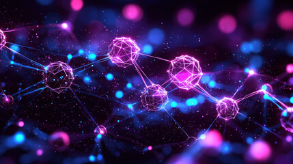 Glowing connected polygons in digital space with bokeh background for tech visualization