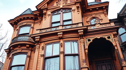 Fototapeta premium Exterior View of a Three-Story Victorian-Style House
