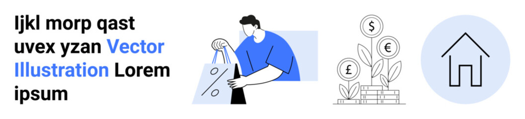 Man holding a discount shopping bag, growing money plant with currency symbols, home icon. Ideal for e-commerce, financial planning, real estate, online shopping, investment, marketing sales