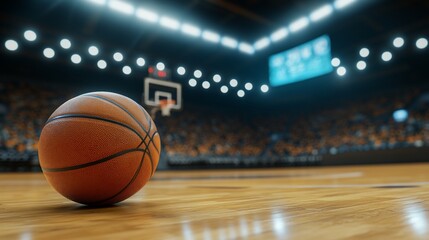 Close-up of basketball on court, arena background.