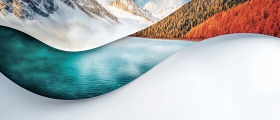 Stunning Seasonal Landscape Unveiling Winter Mountains Autumn Forest and Serene Lake