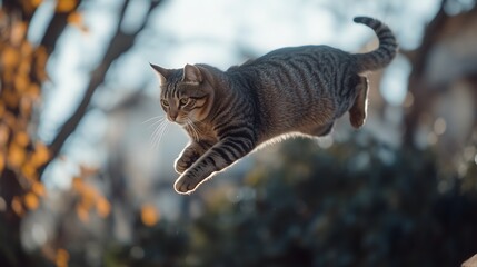 Obraz premium Tabby cat jumping with extraordinary grace in a park, the cat is illuminated illuminated by the sun during midday
