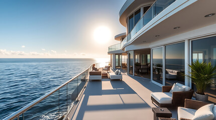 Fototapeta premium Ocean View Patio with Modern Furniture and Glass Railings