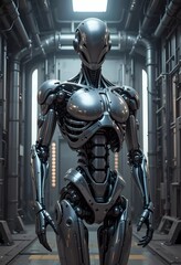 Fototapeta premium Metallic Android in Industrial Setting