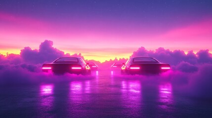 Cars driving through clouds at sunset with neon glow.