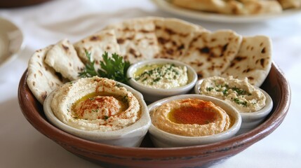 Delicious hummus platter with flatbread restaurant food photography cozy dining atmosphere close-up view