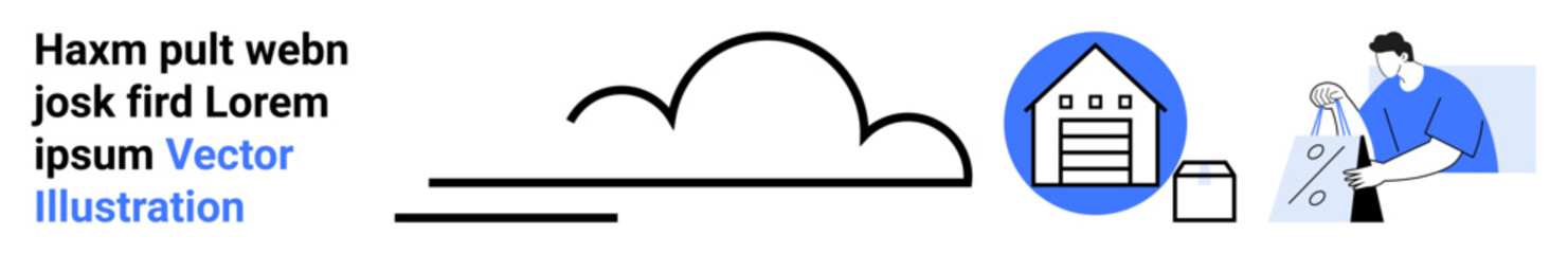 Cloud computing symbol near warehouse icon and worker handling package. Ideal for logistics, storage, e-commerce, shipping, technology, business management, and delivery services. Landing page