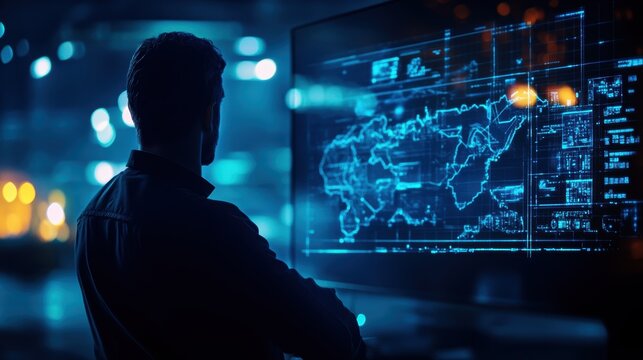 Data analysis session urban office digital display nighttime environment professional viewpoint technology insights