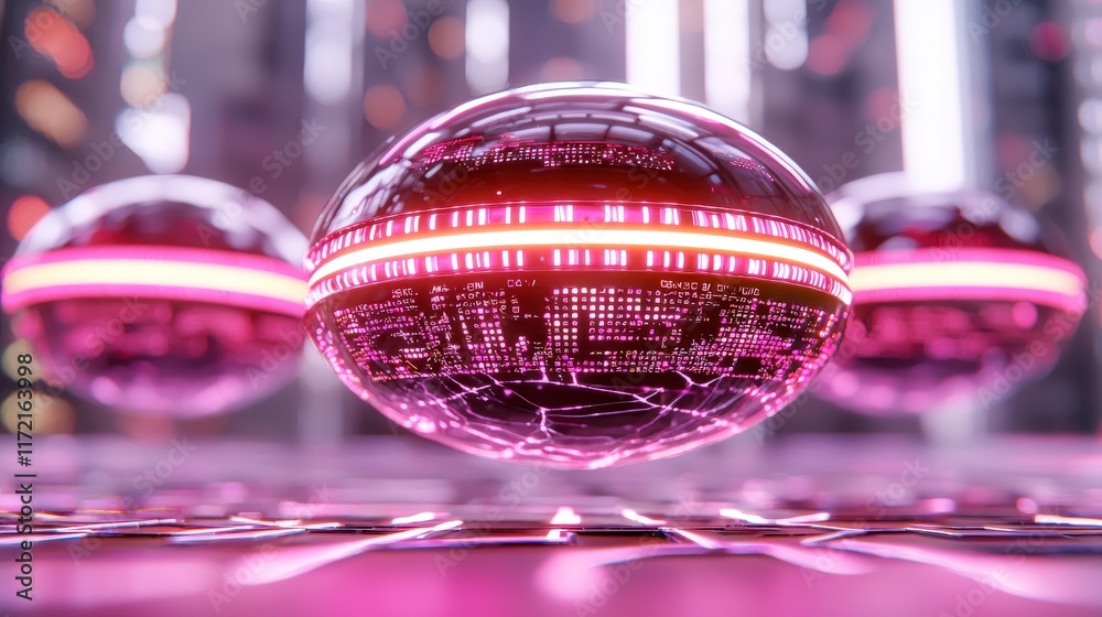 Poster futuristic digital spheres with neon glow and data patterns in abstract space environment