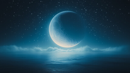 Fototapeta premium Crescent Moon Serenity: A mesmerizing crescent moon graces a starlit sky, casting an ethereal glow upon a tranquil sea, evoking a sense of peace and wonder. 