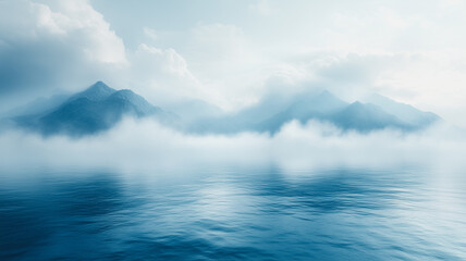 Fototapeta premium Misty Mountain Lake: Serene landscape photography of a tranquil lake shrouded in mist, with majestic mountains rising in the background. The image evokes a sense of calm and mystery. 
