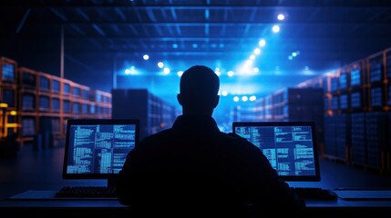 Cybersecurity analyst monitoring data flow data center digital workspace tech environment back view innovation insights