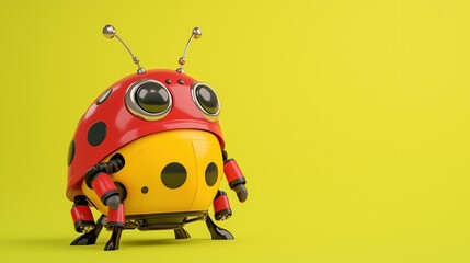 Fototapeta premium Playful Ladybug Robot on Yellow Background