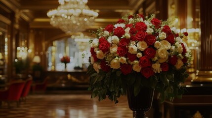 A beautifully arranged vase of flowers sits elegantly on a table, enhancing the romantic atmosphere of the hotel lobby for Valentine's Day.