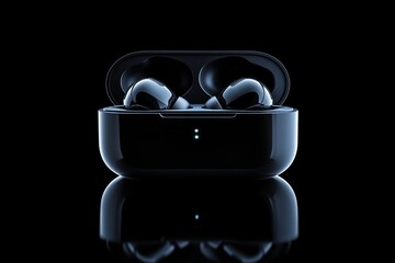 Wireless earbuds with glowing blue accents in a case