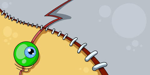 Stitched background in zombie style with an eye. Split background for Halloween holiday. Hand drawn in cartoon style, vector illustration.