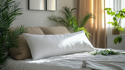 Bedroom with long pillow on bed, plants and natural light.