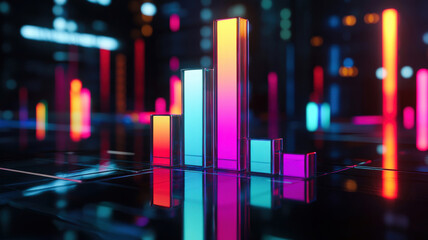Fototapeta premium A futuristic stacked column chart with neon-glowing segments, hovering over a sleek reflective surface, creating a high-tech, data-driven visualization with vibrant, dynamic lighting and a sci-fi aest