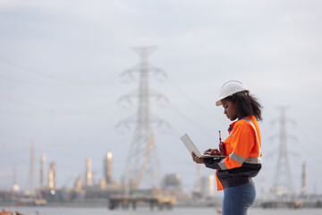 A female engineer wearing a white safety helmet and orange reflective jacket stands outdoors...