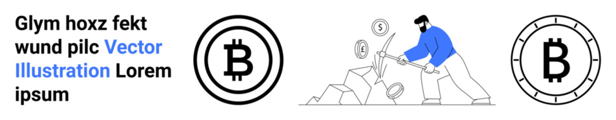 Obraz premium Bitcoin symbol, worker mining with pickaxe, scattered coins, minimalist design, blue and gray color palette. Ideal for cryptocurrency, blockchain, finance, investment, technology, digital currency