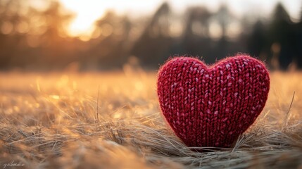 Fototapeta premium A vibrant heart rests on lush grass, glowing under a breathtaking sunset, embodying love's warmth amidst nature's beauty.