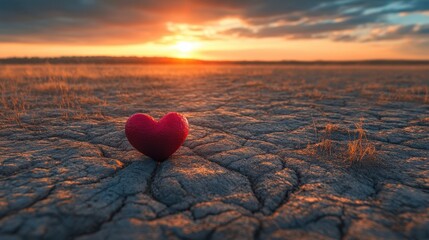 Fototapeta premium A solitary red heart rests gently on the sandy expanse, contrasting with the vastness of the desert, symbolizing love's resilience in unlikely places.