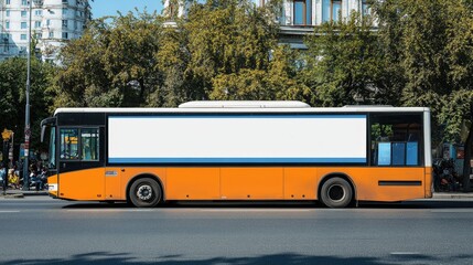 Fototapeta premium A city bus with empty ad panels on its sides for colorful branding.
