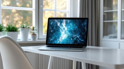 Fototapeta premium A clean white desk with a laptop displaying a mockup ad design.
