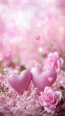 Fototapeta premium Two pink hearts float softly amidst a backdrop of delicate pink roses, embodying love and romance on this enchanting Valentine's Day.