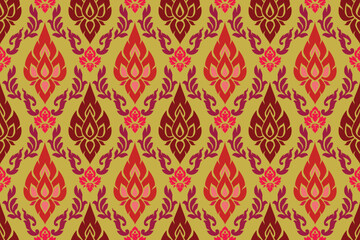 Seamless traditional Thai art floral pattern in damask style motifs suitable for wallpaper, curtain, clothing, blanket, textile and fabric design isolated illustration archive EPS files.