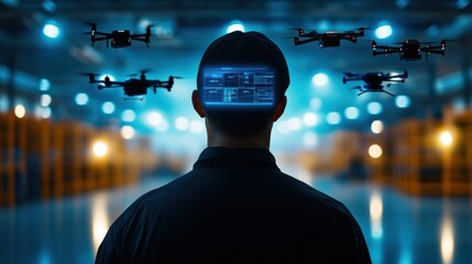 Drone operations and control industrial warehouse digital technology high-tech environment futuristic viewpoint innovation