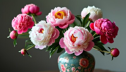 Obraz premium Celebrating chinese new year with vibrant peony flowers in a traditional vase indoor floral arrangement