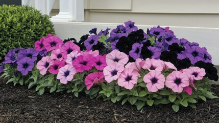 Fototapeta premium A close-up of a vibrant flower bed featuring petunias and pansies in multiple colors.
